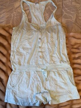 TNA Light Blue Button-Front Tank Romper from Aritzia